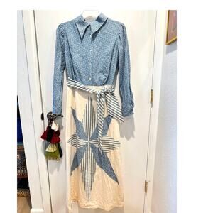 Vintage Blue & Cream Patchwork Prairie Dress with Tie Waist
